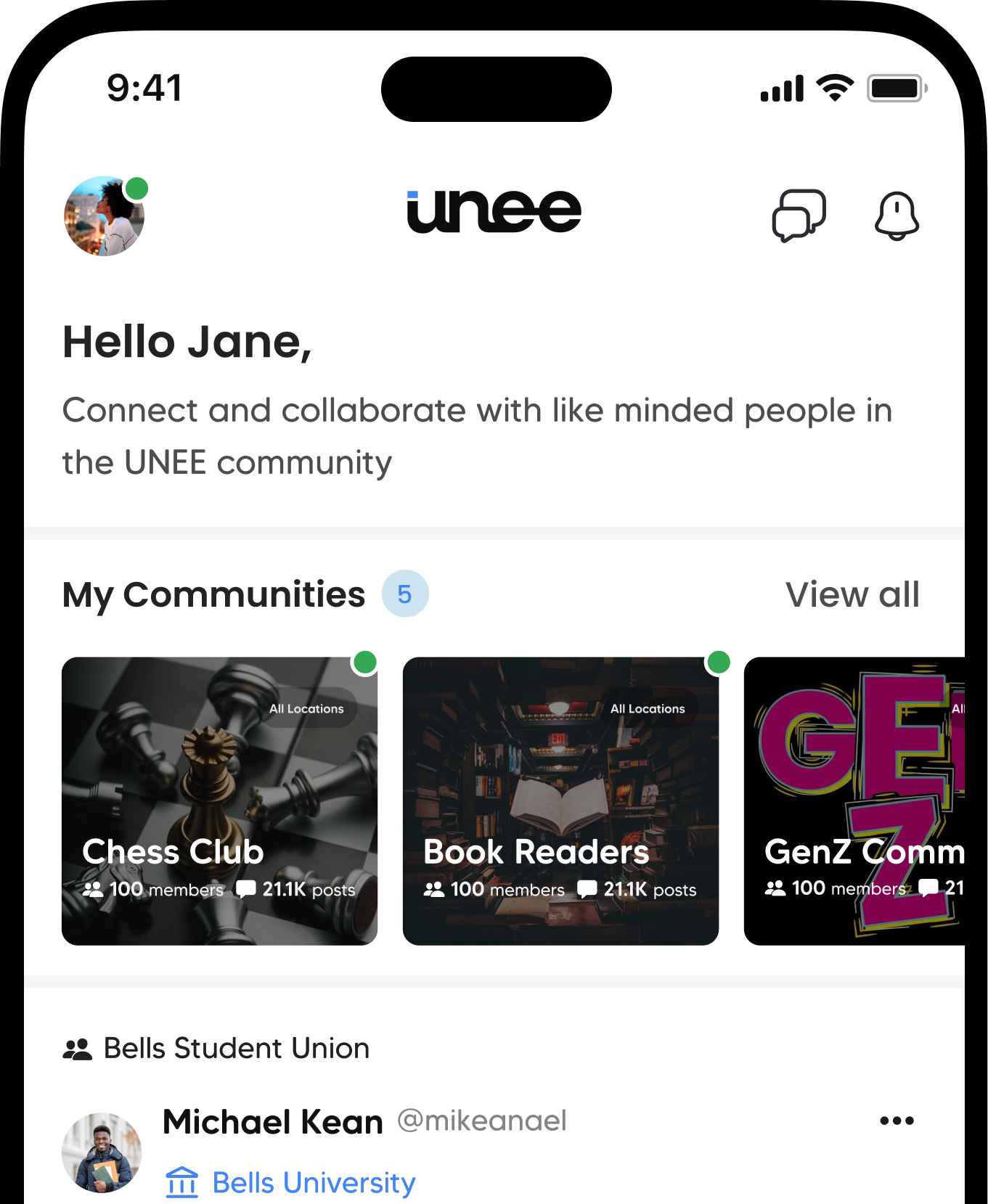 UNEE App Main Interface
